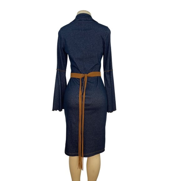 Moa Moa Blue Denim Bell Sleeve Dress With Tan Waist Tie Size M - Picture 3 of 9